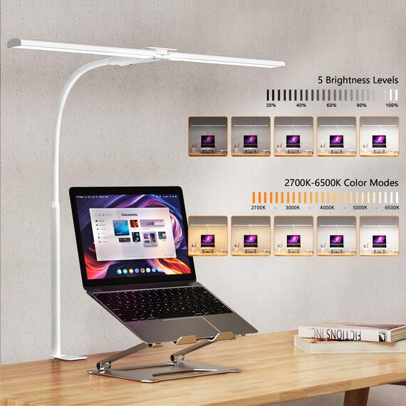 Schreibtischlampe LED Dimmbar, 1200 Lumen Doppelkopf Schreibtischlampe Klemmbar für Homeoffice, Augenschutz Schwanenhals Büro Tischlampe, Monitor Lampe Schwarz mit 5 Farbtemperatur-Helligkeitsstufen