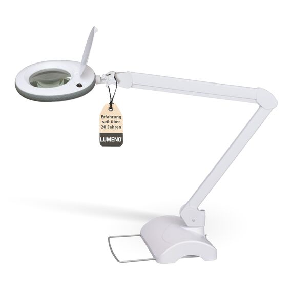 Lumeno LED Lupenleuchte 7218GR Lupenlampe mit 127 mm Echtglaslinse, Arbeitsplatzlampe, Kosmetiklampe, geeignet für Kosmetik, Bastler, Lesehilfe Vergrößerungslampe, 8 Dioptrien Grau mit Tischstativ