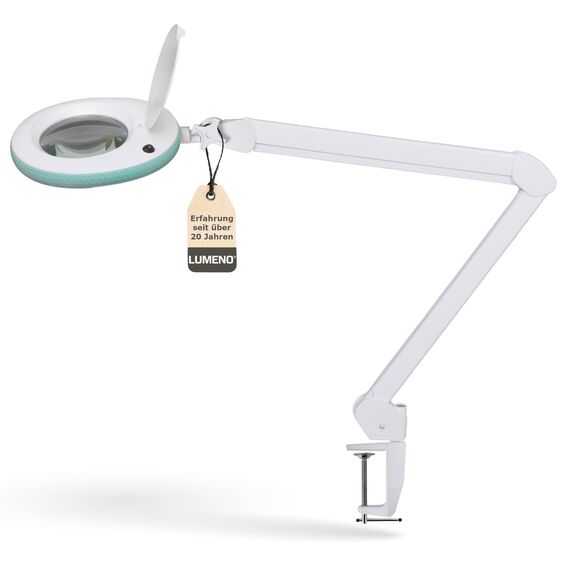 Lumeno LED Lupenleuchte 7215GN Lupenlampe mit 127 mm Echtglaslinse, Arbeitsplatzlampe, Kosmetiklampe, geeignet für Kosmetik, Bastler, Lesehilfe Vergrößerungslampe, 5 Dioptrien Grün