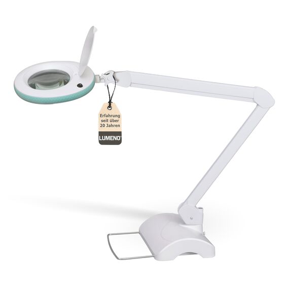 Lumeno LED Lupenleuchte 7218GN Lupenlampe mit 127 mm Echtglaslinse, Arbeitsplatzlampe, Kosmetiklampe, geeignet für Kosmetik, Bastler, Lesehilfe Vergrößerungslampe, 8 Dioptrien Grün mit Tischstativ