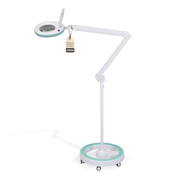 Lumeno LED Lupenleuchte 7218GN Lupenlampe mit 127 mm Echtglaslinse, Arbeitsplatzlampe, Kosmetiklampe, geeignet für Kosmetik, Bastler, Lesehilfe Vergrößerungslampe, 8 Dioptrien Grün mit Rollstativ