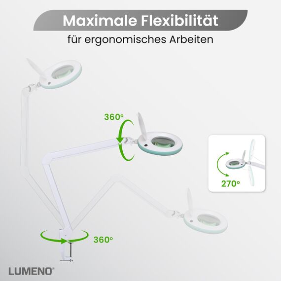 Lumeno LED Lupenleuchte 7218GN Lupenlampe mit 127 mm Echtglaslinse, Arbeitsplatzlampe, Kosmetiklampe, geeignet für Kosmetik, Bastler, Lesehilfe Vergrößerungslampe, 8 Dioptrien Grün
