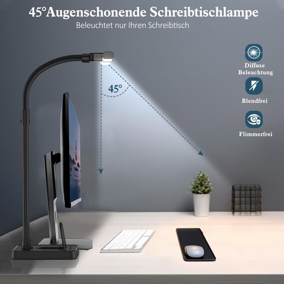 Doppelkopf Schreibtischlampe LED dimmbar,24W 80CM Schreibtischlampe groß und hell,Augenschutz desk lamp büro lampe schwarz,Schwanenhals tischlampe monitor lampe mit 25 Beleuchtungsmodi (Schwarz)