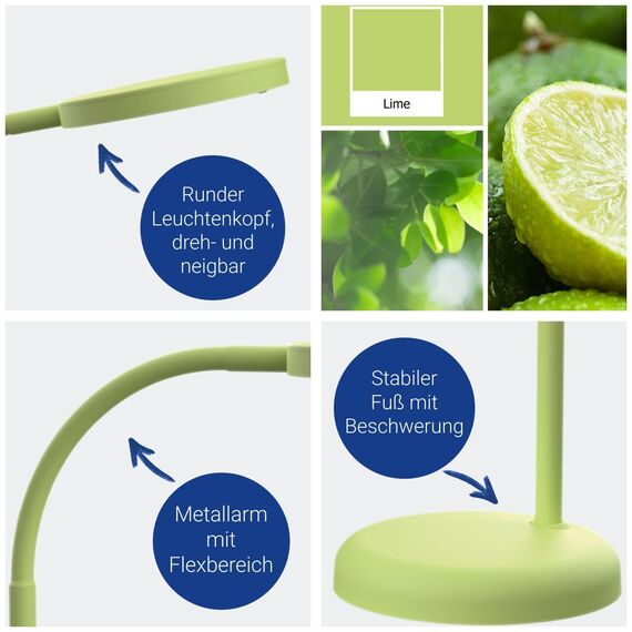 MAUL Schreibtischlampe LED MAULjoy | Kleine Schreibtischlampe mit Standfuß | Moderne Tischlampe für Schreibtisch, Büro | Flexible LED Lampe mit 3000K warmweißem LED Licht | Lime