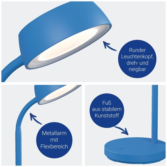 MAUL Schreibtischlampe LED MAULabby | Kleine Schreibtischlampe mit Standfuß | Moderne Tischlampe für Schreibtisch, Büro | Flexible LED Lampe mit 3000K warmweißem LED Licht | Blau