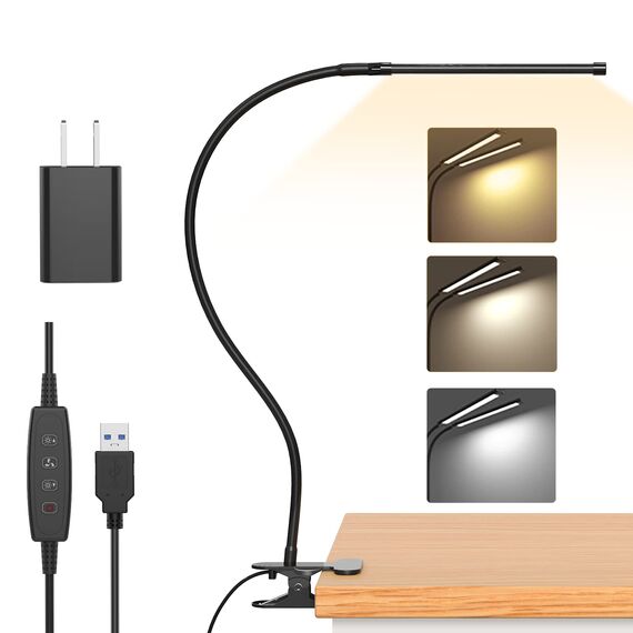 iZELL 77 LED Schreibtischlampe Dimmbar - 【3 Farbtemperaturen & 10 Helligkeitsstufen】 40cm Flexiblem Schwanenhals mit USB-Ladegerät, Klemmleuchte, Bürolampe, Arbeitslampe für Home Office/Büro