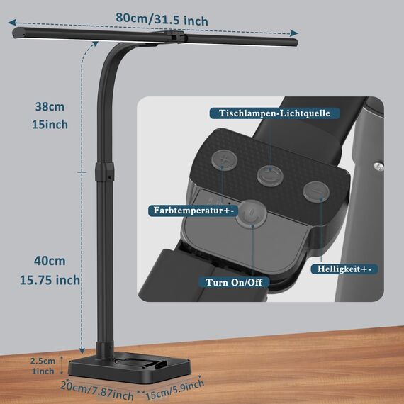 Doppelkopf Schreibtischlampe LED dimmbar,24W 80CM Schreibtischlampe groß und hell,Augenschutz desk lamp büro lampe schwarz,Schwanenhals tischlampe monitor lampe mit 25 Beleuchtungsmodi (Schwarz)