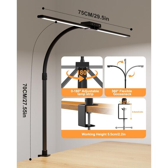 VUENICEE Doppelkopf Schreibtischlampe LED,Tischlampe Dimmbar mit Fernbedienung,20W Schreibtisch Lampe Klemmleuchte Bürolampe, 5 Farb & Helligkeitsstufen, Verstellbare Schwanenhals