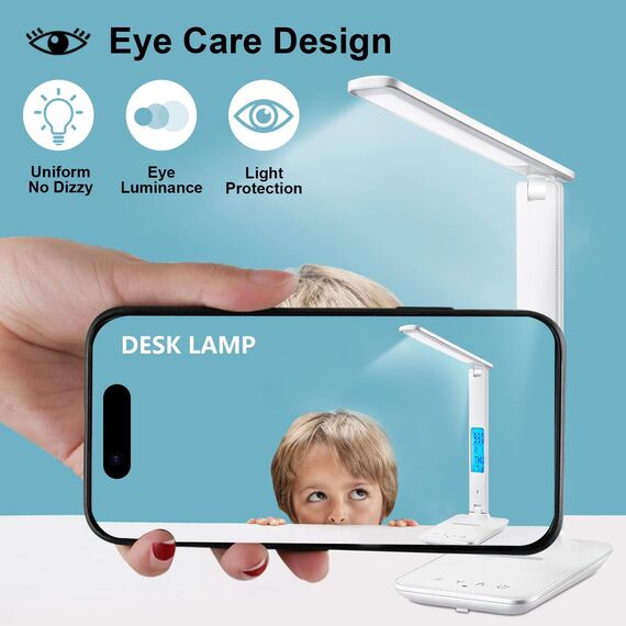 Schreibtischlampe LED Dimmable mit Uhr Desk Lamp 3 Colours und 5 Brightness Levels Eye-Friendly Bedside Lamp Kabellosem Laden und USB-Anschluss Smartphone Nachttischlampe Wireless Charger Tischleuchte