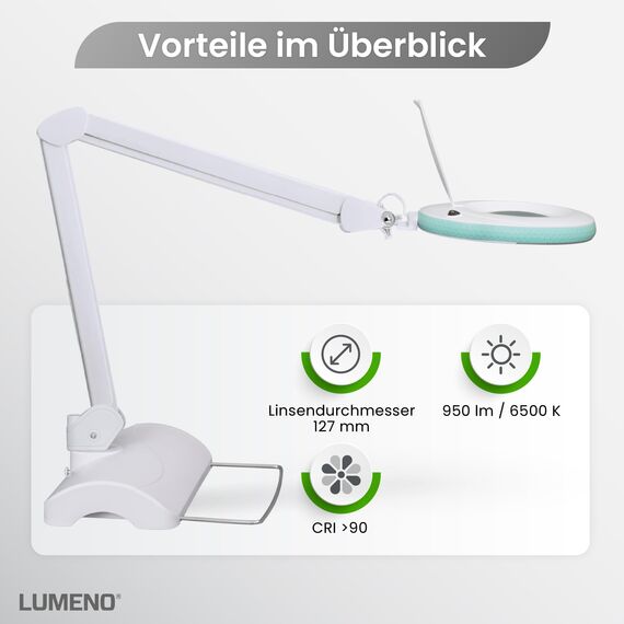 Lumeno LED Lupenleuchte 7213GN Lupenlampe mit 127 mm Echtglaslinse, Arbeitsplatzlampe, Kosmetiklampe, geeignet für Kosmetik, Bastler, Lesehilfe Vergrößerungslampe, 3 Dioptrien Grün mit Tischstativ