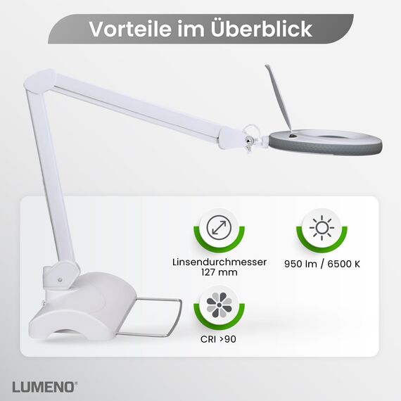 Lumeno Lupenleuchte LED 7215GR Lupenlampe mit 127 mm Echtglaslinse, Arbeitsplatzlampe, Kosmetiklampe, geeignet für Kosmetik, Bastler, Lesehilfe Vergrößerungslampe, 5 Dioptrien Grau mit Tischstativ