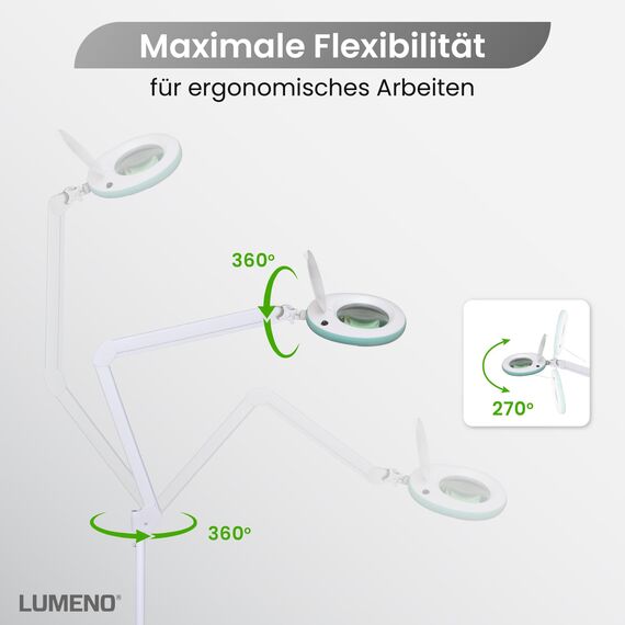 Lumeno LED Lupenleuchte 7218GN Lupenlampe mit 127 mm Echtglaslinse, Arbeitsplatzlampe, Kosmetiklampe, geeignet für Kosmetik, Bastler, Lesehilfe Vergrößerungslampe, 8 Dioptrien Grün mit Rollstativ