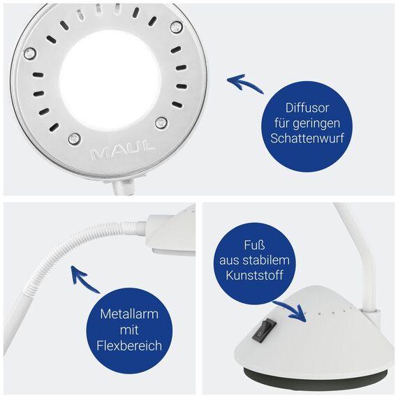 MAUL Schreibtischlampe LED MAULarc | Kleine Schreibtischlampe mit Standfuß | Klassische Tischlampe für Schreibtisch, Büro | Flexible LED Lampe mit 3000K warmweißem LED Licht | Weiß