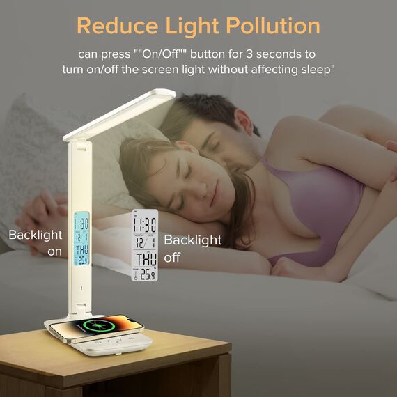 Schreibtischlampe LED Dimmable mit Uhr Desk Lamp 3 Colours und 5 Brightness Levels Eye-Friendly Bedside Lamp Kabellosem Laden und USB-Anschluss Smartphone Nachttischlampe Wireless Charger Tischleuchte