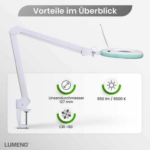 Lumeno LED Lupenleuchte 7213GN Lupenlampe mit 127 mm Echtglaslinse, Arbeitsplatzlampe, Kosmetiklampe, geeignet für Kosmetik, Bastler, Lesehilfe Vergrößerungslampe, 3 Dioptrien Grün