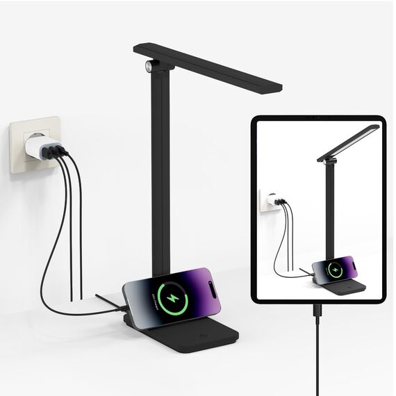 Schreibtischlampe, Chesbung LED Schreibtischlampe, dimmbare Tischleuchte, 5 Farb- und 5 Helligkeitsstufen, Touch-Bedienung, faltbar, mit USB-Ladeanschluss und Augenschutz (Schwarz - Mit USB Ladegerät)