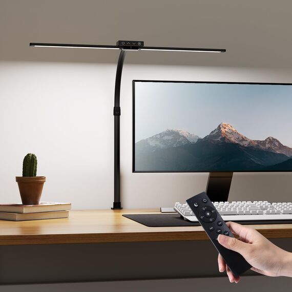 VUENICEE Doppelkopf Schreibtischlampe LED,Tischlampe Dimmbar mit Fernbedienung,20W Schreibtisch Lampe Klemmleuchte Bürolampe, 5 Farb & Helligkeitsstufen, Verstellbare Schwanenhals