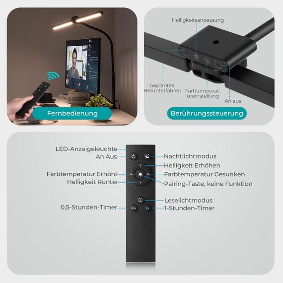 vatato Doppelkopf Schreibtischlampe LED, Dimmbar 24W 80CM Schreibtischlampe für Homeoffice, klemmbar Augenschutz Tageslichtlampe mit Fernbedienungen, 5 Farb 5 Helligkeit Büro Tischlampe (schwarz)