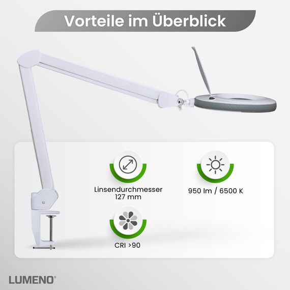 Lumeno LED Lupenleuchte 7213GR Lupenlampe mit 127 mm Echtglaslinse, Arbeitsplatzlampe, Kosmetiklampe, geeignet für Kosmetik, Bastler, Lesehilfe Vergrößerungslampe, 3 Dioptrien Grau mit Rollstativ