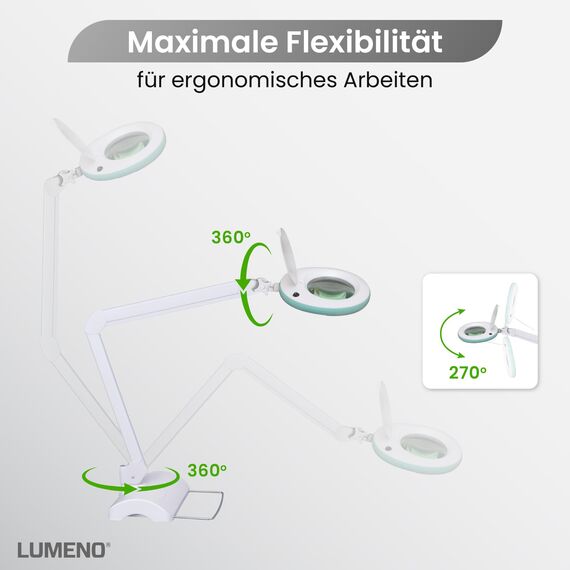 Lumeno LED Lupenleuchte 7215GN Lupenlampe mit 127 mm Echtglaslinse, Arbeitsplatzlampe, Kosmetiklampe, geeignet für Kosmetik, Bastler, Lesehilfe Vergrößerungslampe, 5 Dioptrien Grün mit Tischstativ