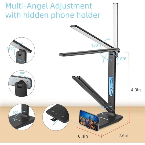 Schreibtischlampe LED Dimmable mit Uhr Desk Lamp 3 Colours und 5 Brightness Levels Eye-Friendly Bedside Lamp Kabellosem Laden und USB-Anschluss Smartphone Nachttischlampe Wireless Charger Tischleuchte