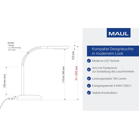 MAUL Schreibtischlampe LED MAULjoy | Kleine Schreibtischlampe mit Standfuß | Moderne Tischlampe für Schreibtisch, Büro | Flexible LED Lampe mit 3000K warmweißem LED Licht | Atlantic Blue