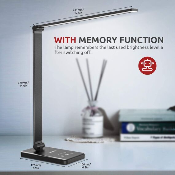 Chesbung Schreibtischlampe LED Dimmbare Schwarz Tischleuchte, 5 Farb und 10 Helligkeitsstufen, Augenschutz Tischlampe für Kinder, Touch-Bedienung, Nachttischlampe mit 2500mAH Eingebaute Batterie