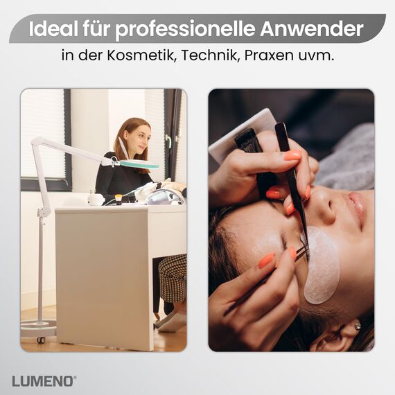 Lumeno LED Lupenleuchte 7215GN Lupenlampe mit 127 mm Echtglaslinse, Arbeitsplatzlampe, Kosmetiklampe, geeignet für Kosmetik, Bastler, Lesehilfe Vergrößerungslampe, 5 Dioptrien Grün mit Rollstativ