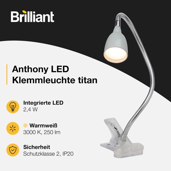 BRILLIANT Lampe Anthony Schreibtischlampe eisen/titan – verstellbare Klemmlampe - LED Tischlampe - LED Klemmleuchte mit Kabel – inkl. Leuchtmittel