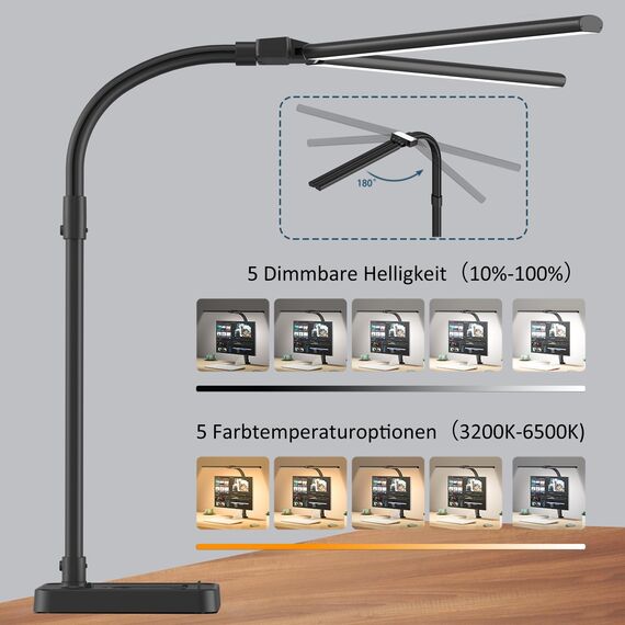 Doppelkopf Schreibtischlampe LED dimmbar,24W 80CM Schreibtischlampe groß und hell,Augenschutz desk lamp büro lampe schwarz,Schwanenhals tischlampe monitor lampe mit 25 Beleuchtungsmodi (Schwarz)