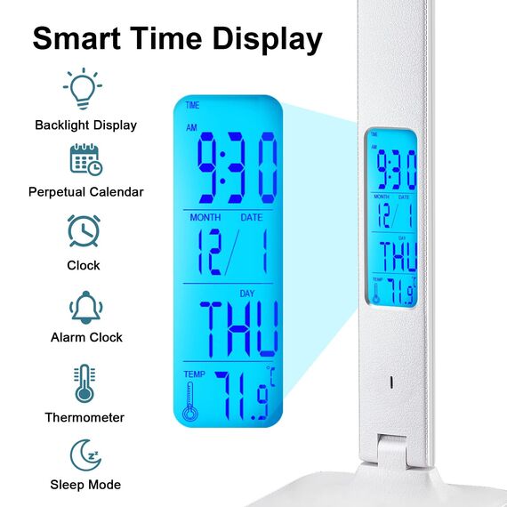 Schreibtischlampe LED Dimmable mit Uhr Desk Lamp 3 Colours und 5 Brightness Levels Eye-Friendly Bedside Lamp Kabellosem Laden und USB-Anschluss Smartphone Nachttischlampe Wireless Charger Tischleuchte