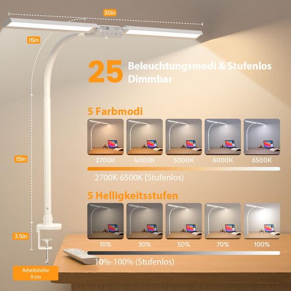 SIBRILLE RGB Doppelkopf Schreibtischlampe LED dimmbar, 22W 80CM Klemmbare Tageslichtlampe mit Fernbedienung, drehbare Tischlampe Augenschutz Schwanenhals Büro Monitorlampe, weiß