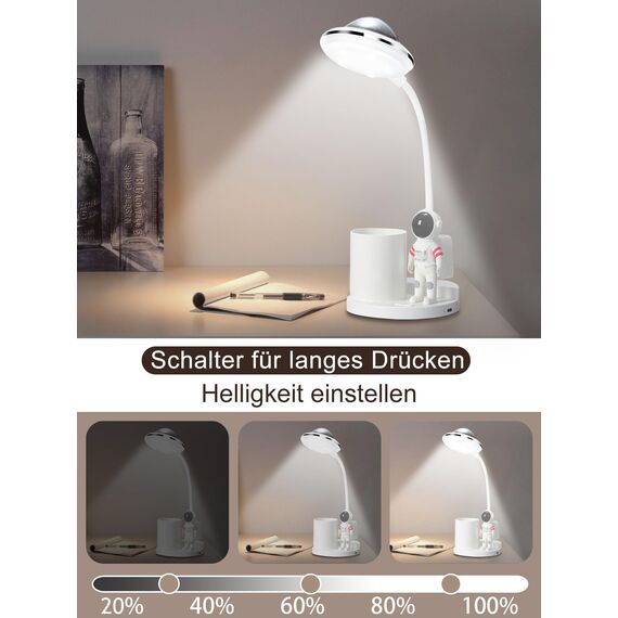 WLHBF Schreibtischlampe Kinder, LED Astronaut Tragbar Tischlampe, Leselampe mit Projektion &Bleistifthalter, Schreibtischlampe Dimmbar Wiederaufladbar Lampe für Student Schlafsaal Studie Lesen