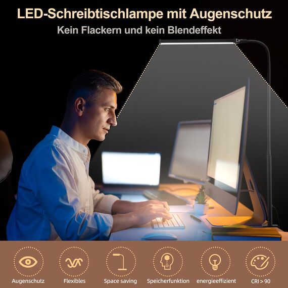 LIBORA LED Schreibtischlampe Klemmbar, Dimmbare Schreibtischlampe mit 3 Farben und 10 Helligkeitsstufen, Augenschonende Tischlampe, Tageslichtlampe Schreibtisch Lampe, Klemmleuchte, Schwarz