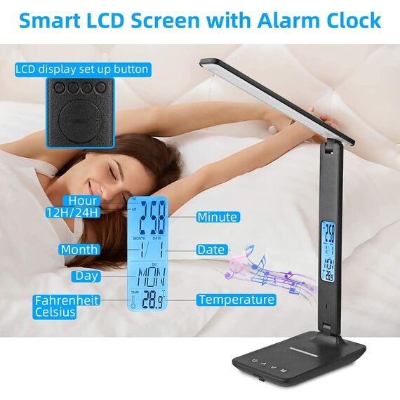 Schreibtischlampe LED Dimmable mit Uhr Desk Lamp 3 Colours und 5 Brightness Levels Eye-Friendly Bedside Lamp Kabellosem Laden und USB-Anschluss Smartphone Nachttischlampe Wireless Charger Tischleuchte