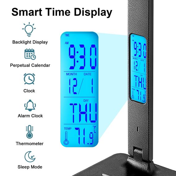 Schreibtischlampe LED Dimmable mit Uhr Desk Lamp 3 Colours und 5 Brightness Levels Eye-Friendly Bedside Lamp Kabellosem Laden und USB-Anschluss Smartphone Nachttischlampe Wireless Charger Tischleuchte