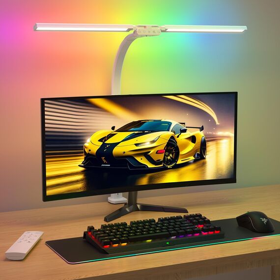 SIBRILLE RGB Doppelkopf Schreibtischlampe LED dimmbar, 22W 80CM Klemmbare Tageslichtlampe mit Fernbedienung, drehbare Tischlampe Augenschutz Schwanenhals Büro Monitorlampe, weiß