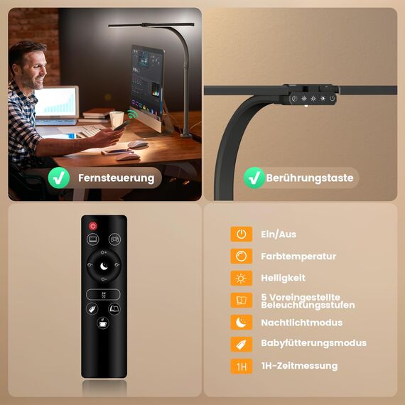 SIBRILLE Doppelkopf Schreibtischlampe LED dimmbar, 22W 80CM Klemmbare Tageslichtlampe mit Fernbedienung, drehbare Tischlampe Augenschutz Schwanenhals Büro Monitorlampe (5 Farbtemperaturen)