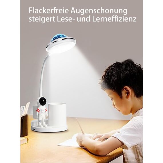 WLHBF Schreibtischlampe Kinder, LED Astronaut Tragbar Tischlampe, Leselampe mit Projektion &Bleistifthalter, Schreibtischlampe Dimmbar Wiederaufladbar Lampe für Student Schlafsaal Studie Lesen