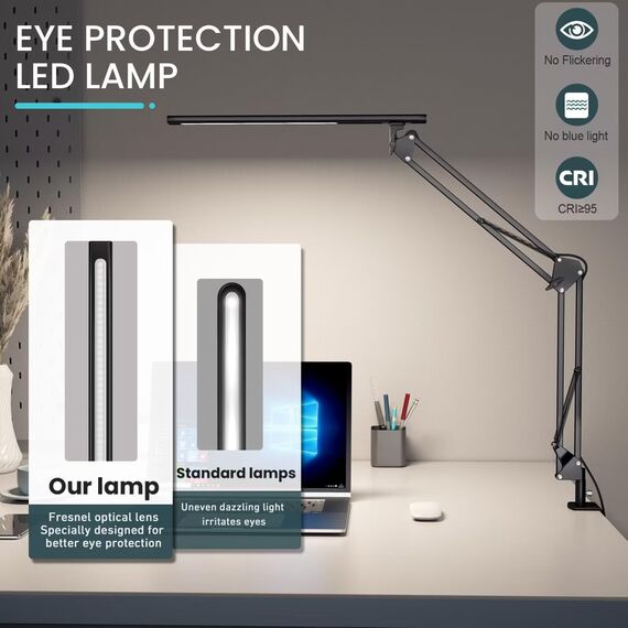 Schreibtischlampe für das Heimbüro, Schreibtischlampe Klemmbar , Architektenleuchte mit QC3.0 Adapter, Fresnel Linse, Tischlampe, 5 Farbmodi und Helligkeit, Klemmlampe mit Speicherfunktion, Schwarz