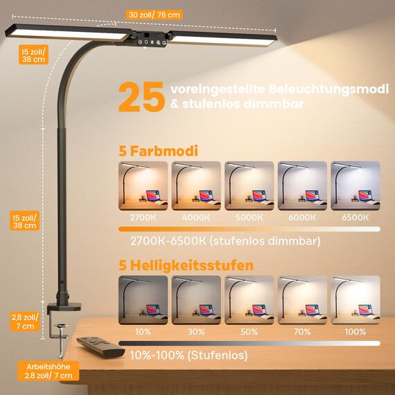 SIBRILLE Doppelkopf Schreibtischlampe LED dimmbar, 22W 80CM Klemmbare Tageslichtlampe mit Fernbedienung, drehbare Tischlampe Augenschutz Schwanenhals Büro Monitorlampe (5 Farbtemperaturen)