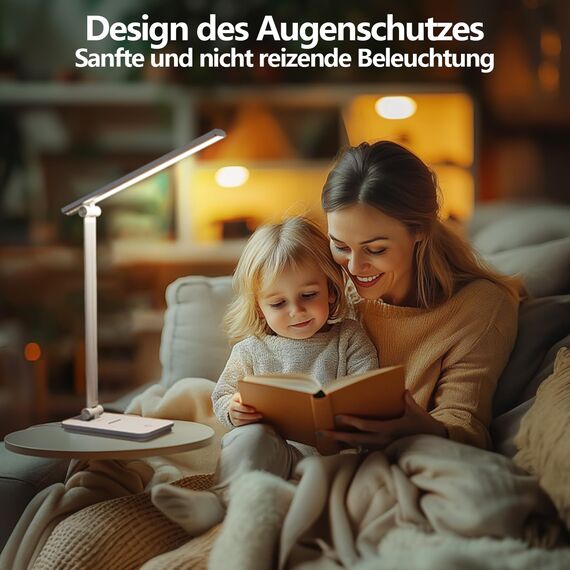 Chesbung Schreibtischlampe, LED Schreibtischlampe, dimmbare Tischleuchte, 5 Farb- und 5 Helligkeitsstufen, Touch-Bedienung, Faltbar, mit USB-Ladeanschluss und Augenschutz (Silber - Mit USB Ladegerät)