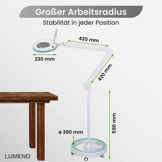 Lumeno LED Lupenleuchte 7215GN Lupenlampe mit 127 mm Echtglaslinse, Arbeitsplatzlampe, Kosmetiklampe, geeignet für Kosmetik, Bastler, Lesehilfe Vergrößerungslampe, 5 Dioptrien Grün mit Rollstativ