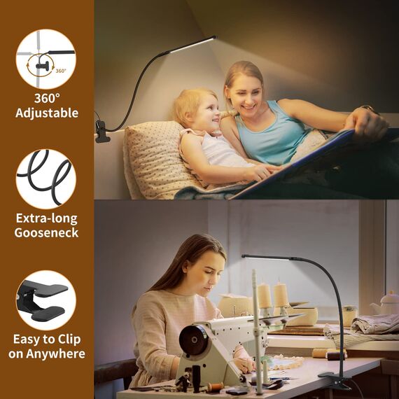 iZELL 77 LED Schreibtischlampe Dimmbar - 【3 Farbtemperaturen & 10 Helligkeitsstufen】 40cm Flexiblem Schwanenhals mit USB-Ladegerät, Klemmleuchte, Bürolampe, Arbeitslampe für Home Office/Büro