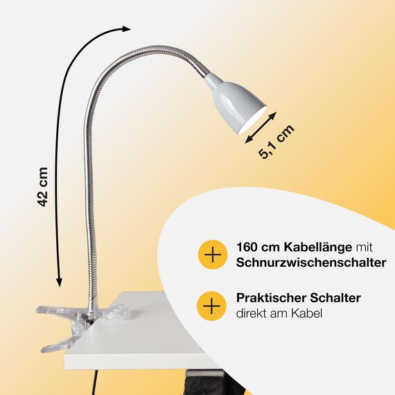 BRILLIANT Lampe Anthony Schreibtischlampe eisen/titan – verstellbare Klemmlampe - LED Tischlampe - LED Klemmleuchte mit Kabel – inkl. Leuchtmittel