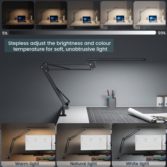 Schreibtischlampe für das Heimbüro, Schreibtischlampe Klemmbar , Architektenleuchte mit QC3.0 Adapter, Fresnel Linse, Tischlampe, 5 Farbmodi und Helligkeit, Klemmlampe mit Speicherfunktion, Schwarz