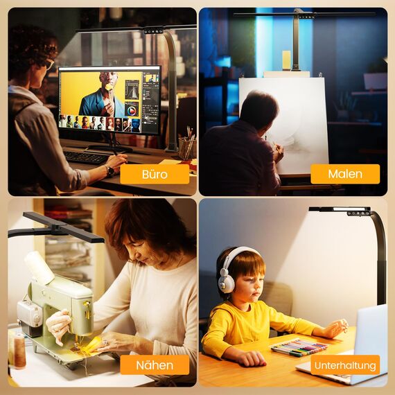 SIBRILLE Doppelkopf Schreibtischlampe LED dimmbar, 22W 80CM Klemmbare Tageslichtlampe mit Fernbedienung, drehbare Tischlampe Augenschutz Schwanenhals Büro Monitorlampe (5 Farbtemperaturen)