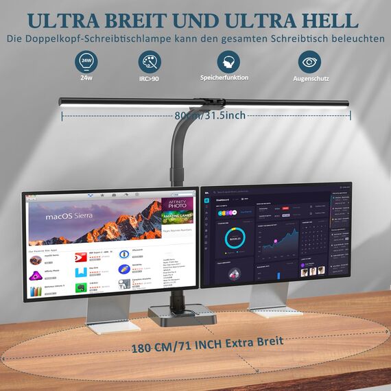 Doppelkopf Schreibtischlampe LED dimmbar,24W 80CM Schreibtischlampe groß und hell,Augenschutz desk lamp büro lampe schwarz,Schwanenhals tischlampe monitor lampe mit 25 Beleuchtungsmodi (Schwarz)