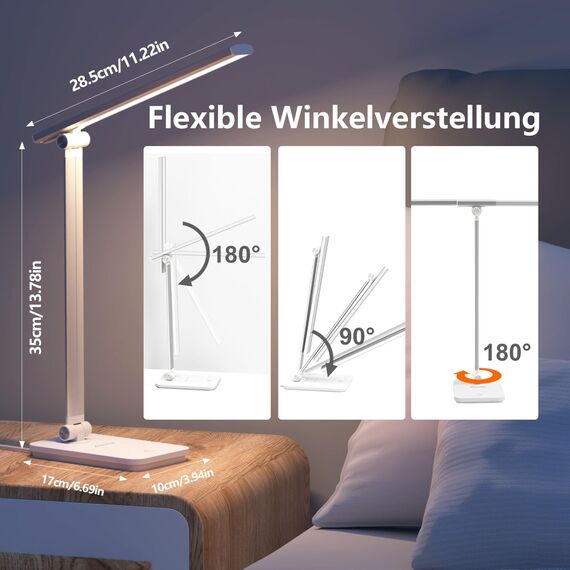 Chesbung Schreibtischlampe, LED Schreibtischlampe, dimmbare Tischleuchte, 5 Farb- und 5 Helligkeitsstufen, Touch-Bedienung, Faltbar, mit USB-Ladeanschluss und Augenschutz (Silber - Mit USB Ladegerät)