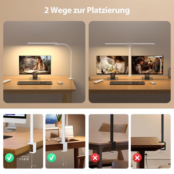 SIBRILLE RGB Doppelkopf Schreibtischlampe LED dimmbar, 22W 80CM Klemmbare Tageslichtlampe mit Fernbedienung, drehbare Tischlampe Augenschutz Schwanenhals Büro Monitorlampe, weiß